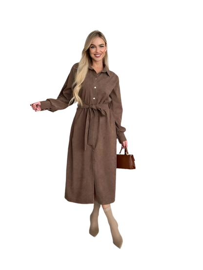 Brown Microvelvet Midi Shirt Dress with Waist Tie