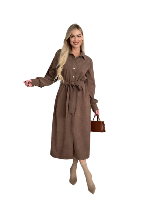 Brown Microvelvet Midi Shirt Dress with Waist Tie