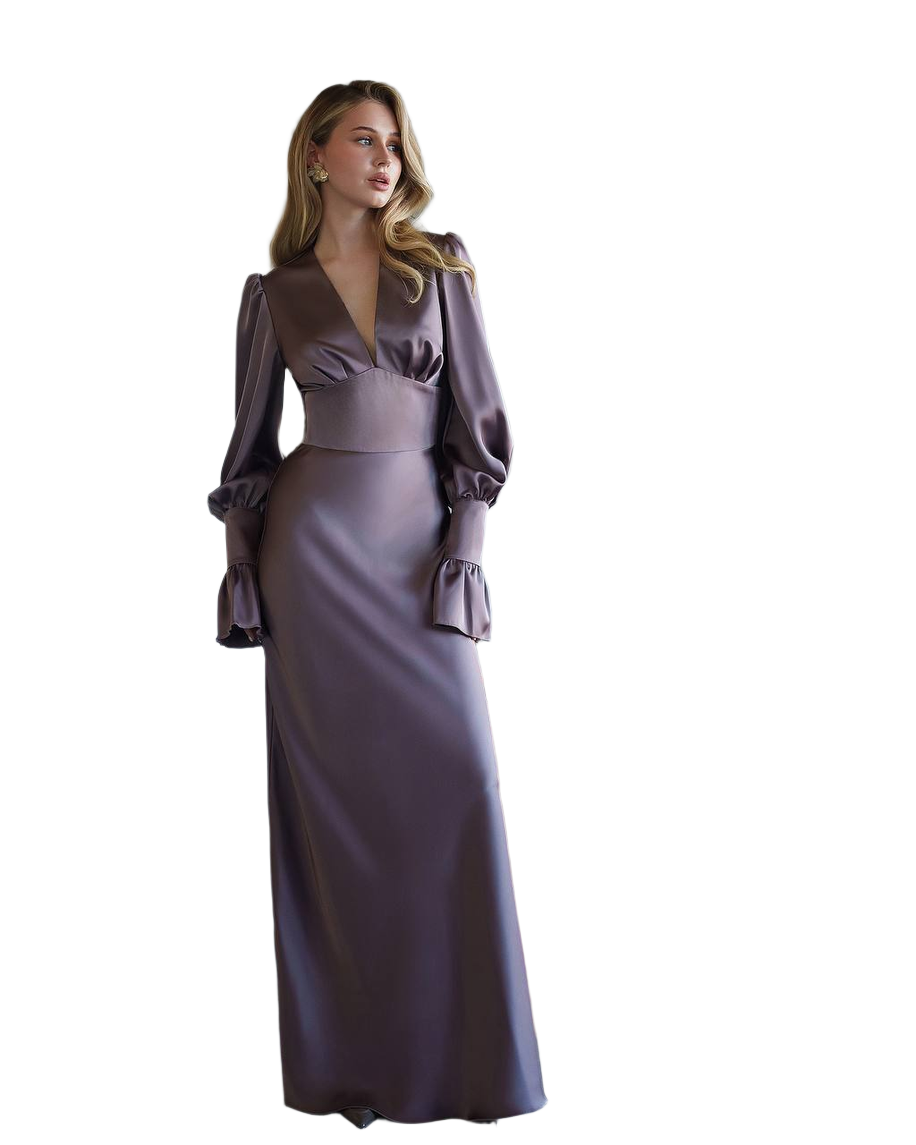 Elegant Long Satin Dress with Ruffle Sleeves for Women