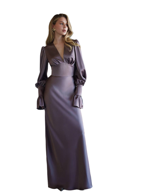 Elegant Long Satin Dress with Ruffle Sleeves for Women