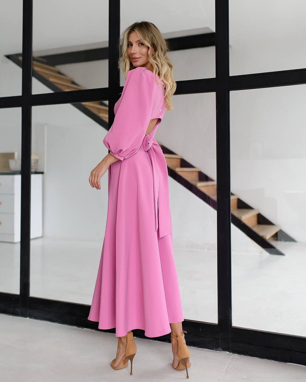 Elegant Midi Dress in Premium Diagonal Suiting Crepe with Puff Sleeves and Back Cutout