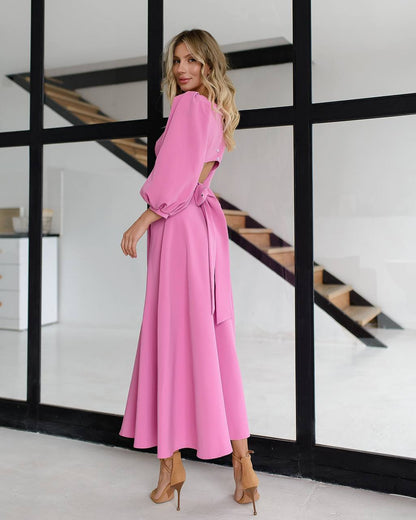 Elegant Midi Dress in Premium Diagonal Suiting Crepe with Puff Sleeves and Back Cutout