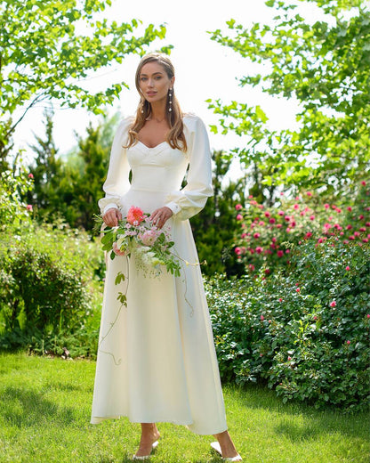 White Midi Dress with Cups and Long Puff Sleeves for Women