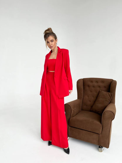 Red Diagonal Crepe Palazzo Suit Women Tailored Blazer Wide Leg Pants