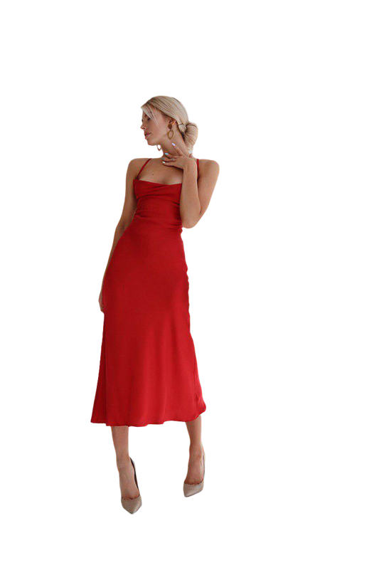Silk Combination Dress for Women Red Midi Length