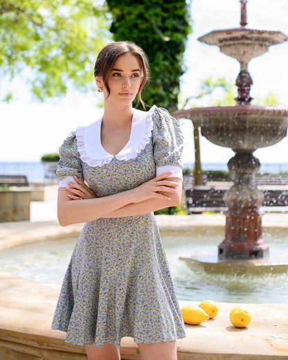Woman in a floral dress standing in front of a fountain with lemons on a ledge.