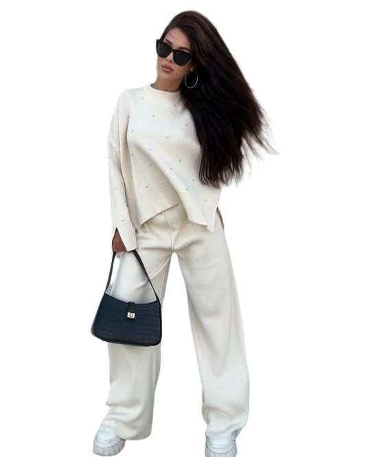 Womens Diamant Knit Suit with Rhinestones Sweater and Wide Pants