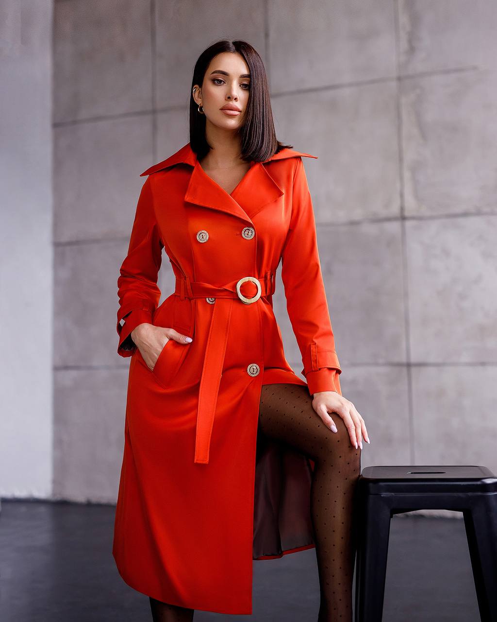 Stylish Red Trench Coat with Pockets and Belt for Women's Fashion