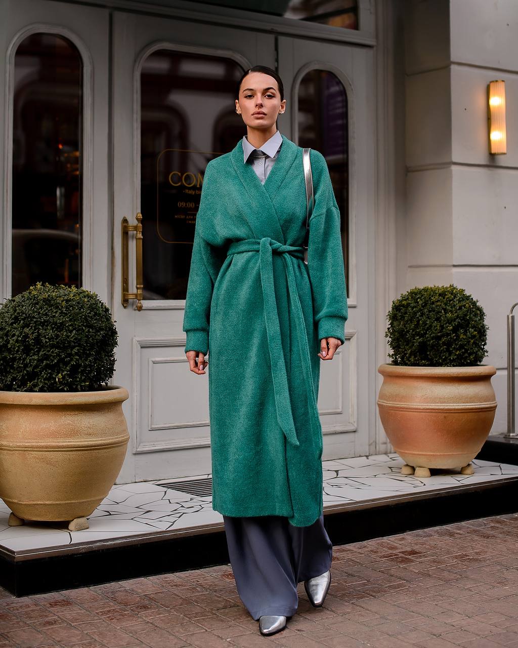 Womens Silva Fluffy Cardigan Long Sleeve Belted Coat Emerald Green
