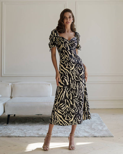 Elegant Printed Silk Midi Dress for Women