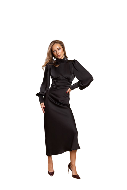 Woman wearing a black dress on a white background