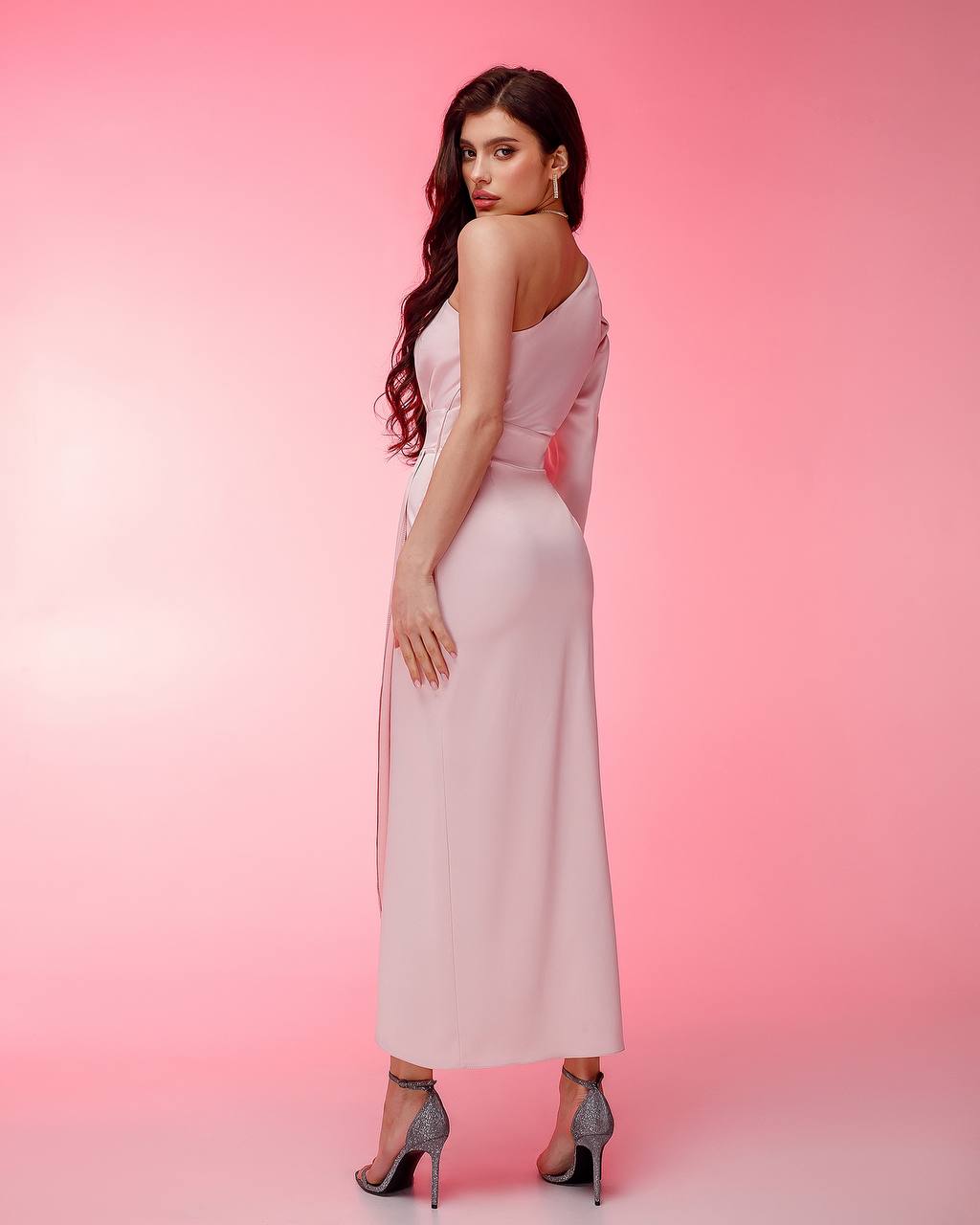 One-Shoulder Midi Dress in Powder Pink Satin