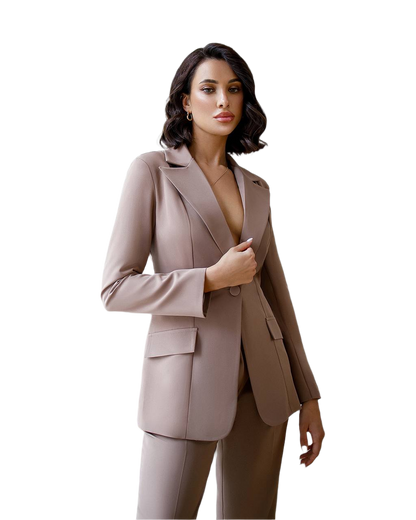 Elegant Womens Suit Jacket and Trousers Set in Soft Brown Crepe Diagonal