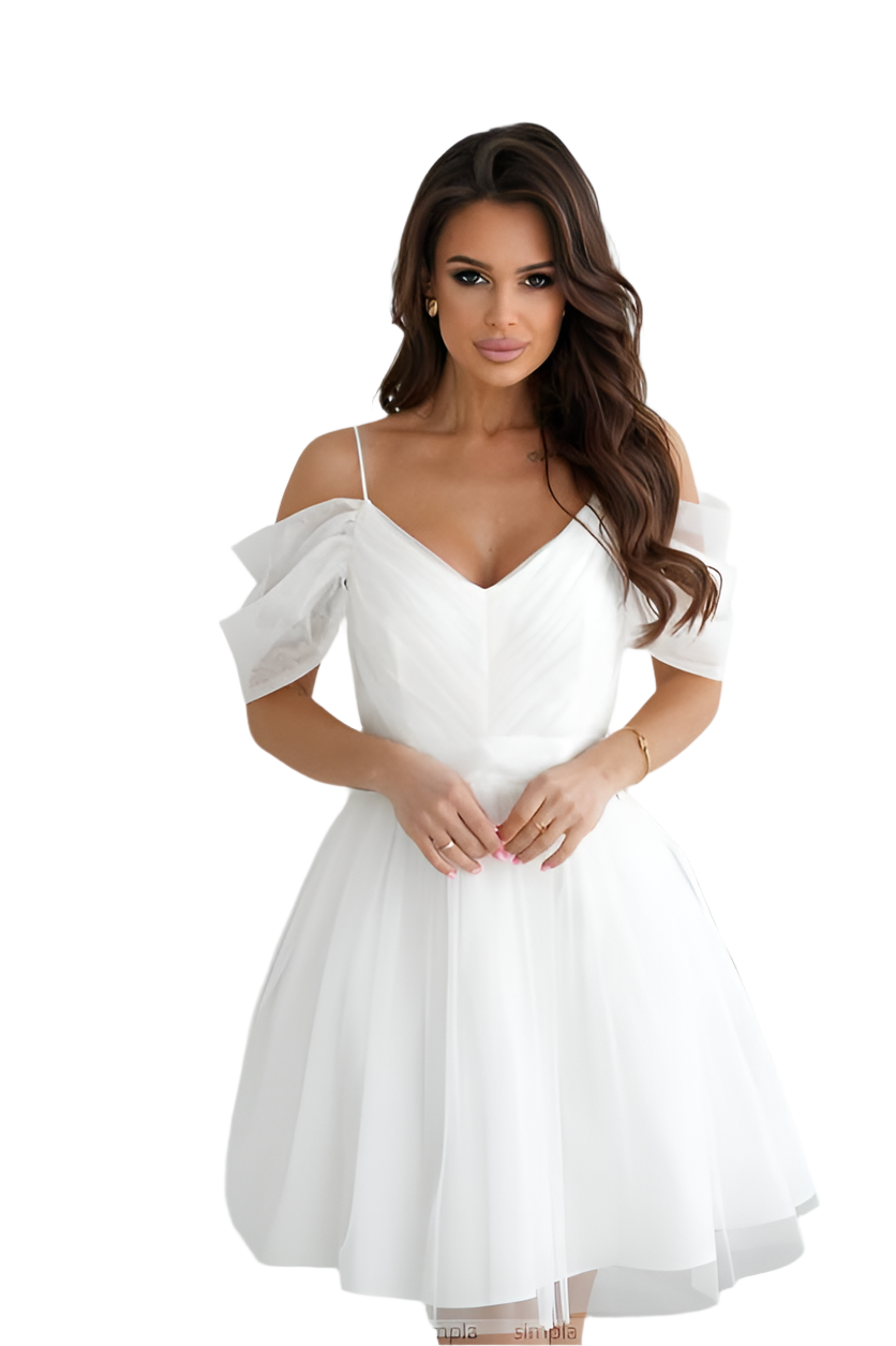 Elegant White Cocktail Dress with Puffy Sheer Sleeves and Satin Waistband