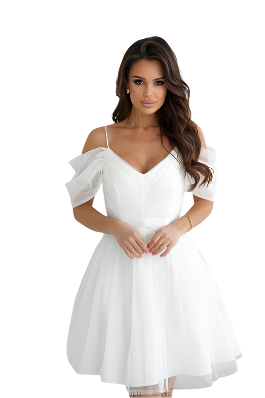 Elegant White Cocktail Dress with Puffy Sheer Sleeves and Satin Waistband