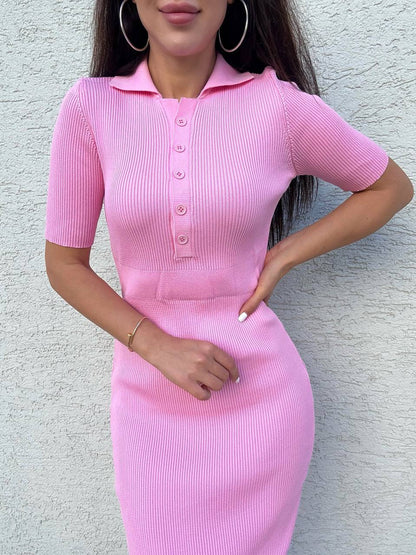 Brenda Pink Ribbed Knit Dress for Women Elastic Fit Midi Length