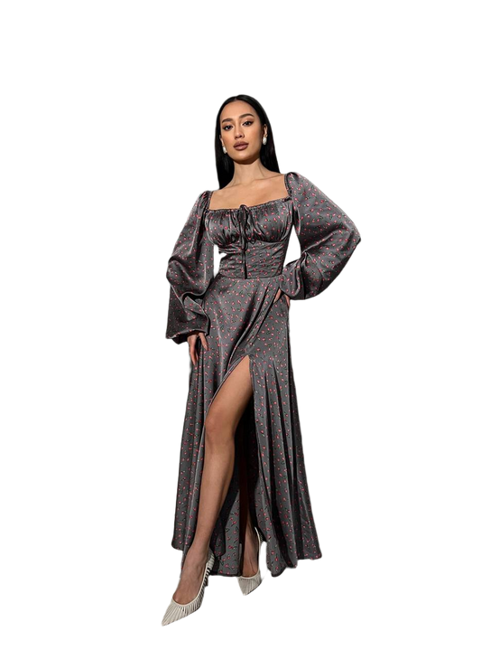 Asti Lux Silk Dress for Women Long Length with Puff Sleeves and Side Slit