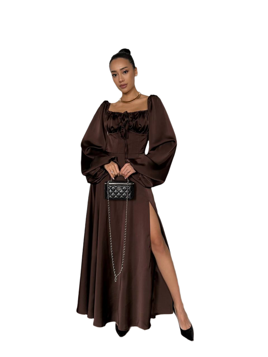 Asti Satin Maxi Dress for Women with Long Puff Sleeves and Side Slit