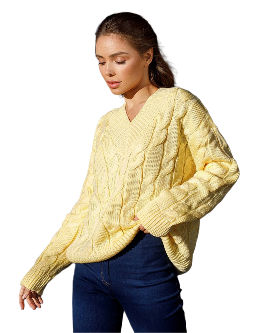 Womens Cable Knit Sweater V Neck Warm Soft Yarn