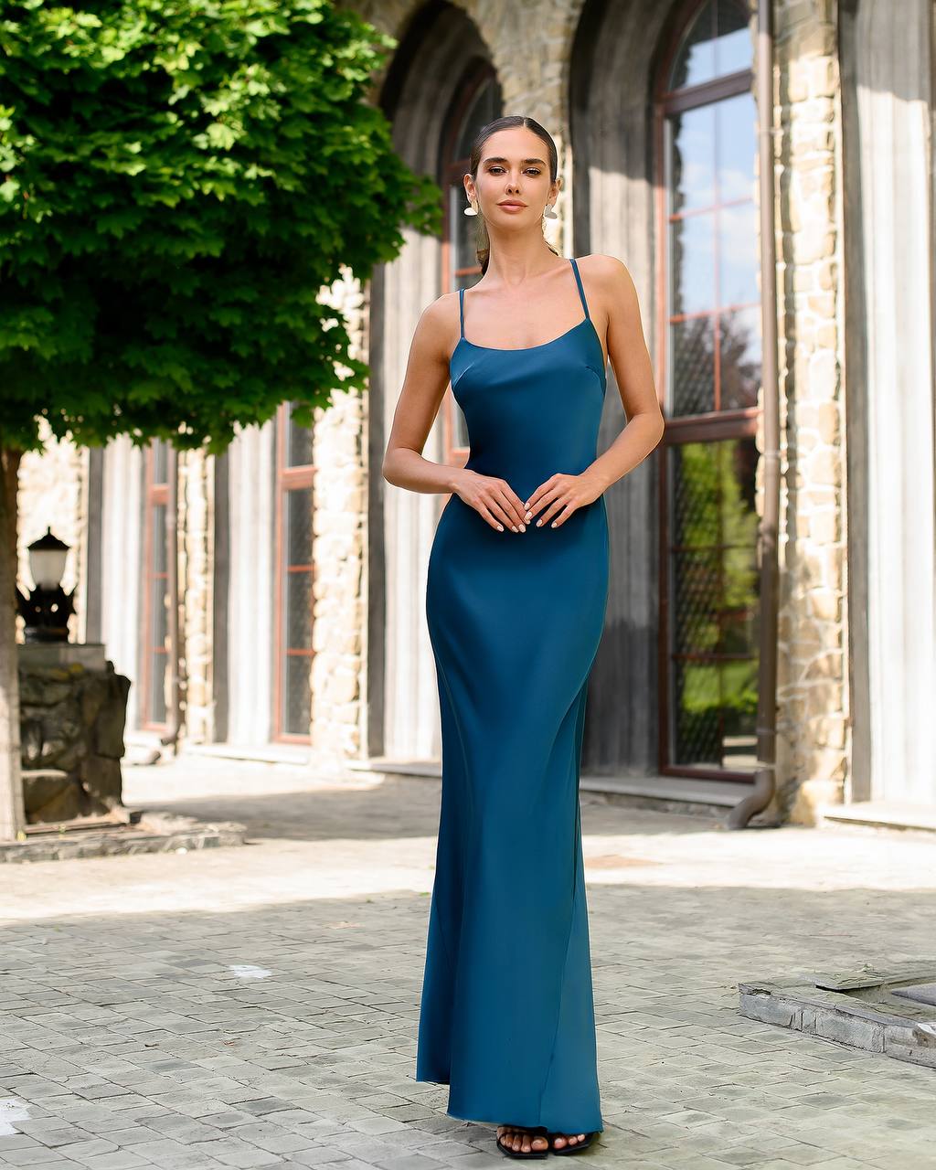 Long Satin Dress Slip for Women in Blue Premium Pandora Fabric