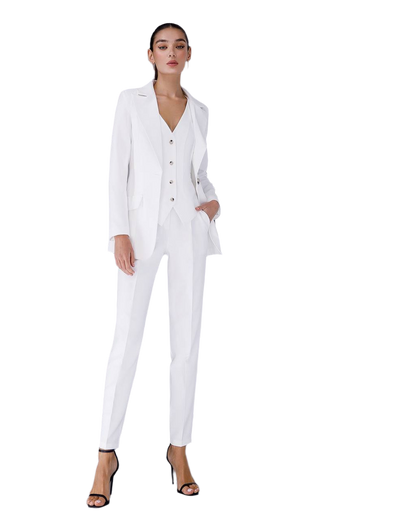 White Elegant Three-Piece Women's Suit - Tailored Blazer Lined Vest and Slim Fit Pants for Business Office Formal and Special Occasions