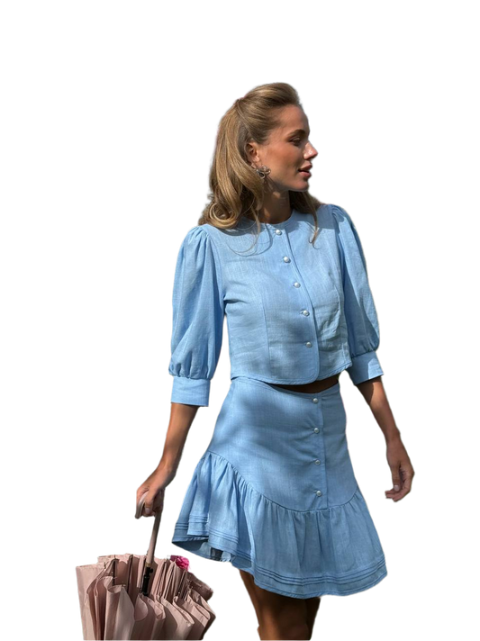 Women Lika Linen Suit Light Blue Crop Shirt and Ruffle Skirt
