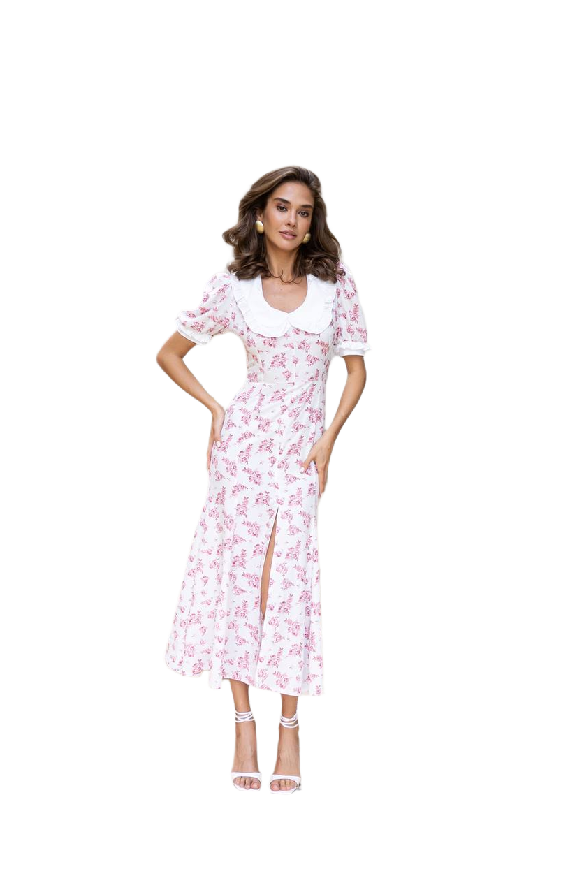 Women Floral Midi Dress with Peter Pan Collar and Side Slit