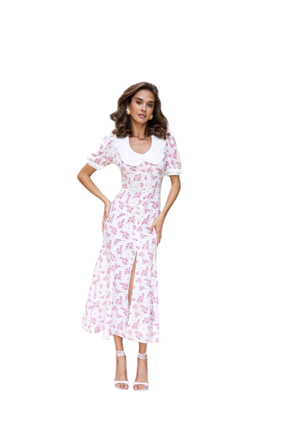 Women Floral Midi Dress with Peter Pan Collar and Side Slit