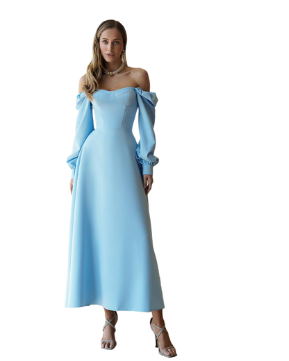 Light Blue Dress with Cups and Off-Shoulder Long Sleeves
