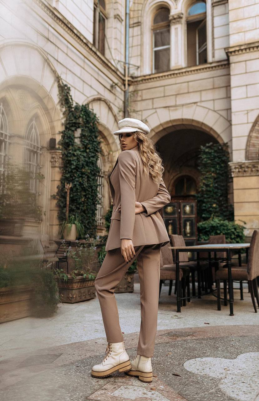 Elegant Womens Suit Jacket and Trousers Set in Soft Brown Crepe Diagonal