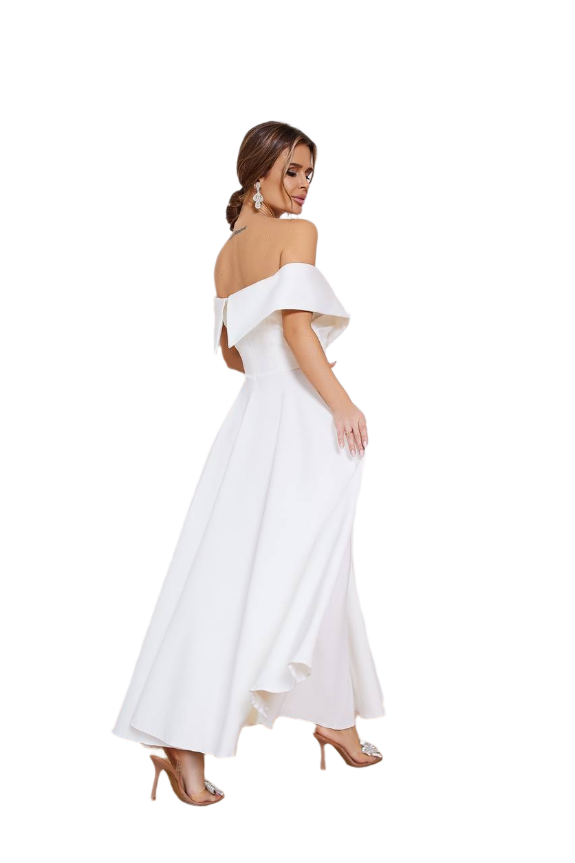Woman wearing a white off-shoulder dress on a white background