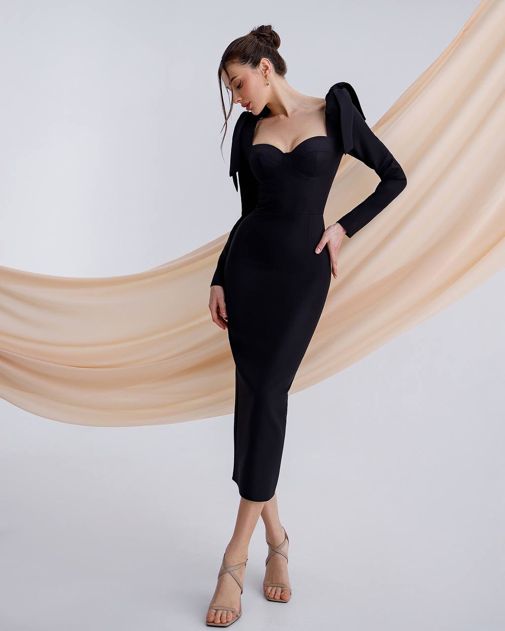 Elegant Black Diagonal Suit Crepe Midi Dress for Women