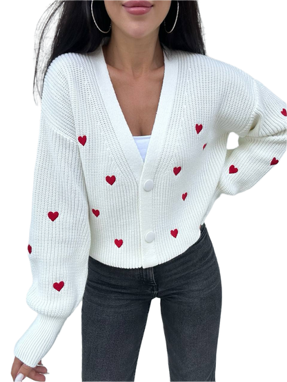 Womens Knitted Cardigan with Red Heart Pattern