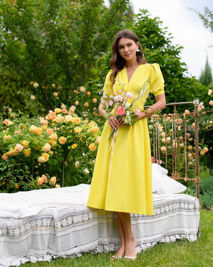 Elegant Yellow Midi Dress Women Premium Crepe Fabric