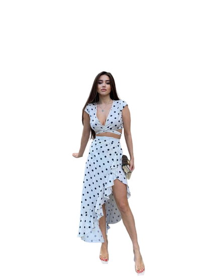 Polka Dot Summer Suit for Women Crop Top and Wrap Skirt Set
