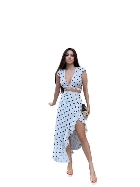 Polka Dot Summer Suit for Women Crop Top and Wrap Skirt Set