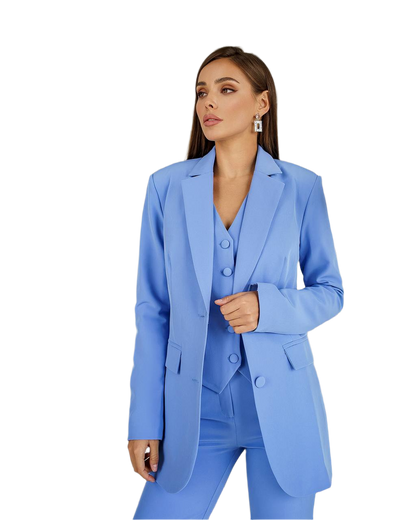 Three-Piece Women's Suit with Vest in Blue Diagonal Crepe Fabric