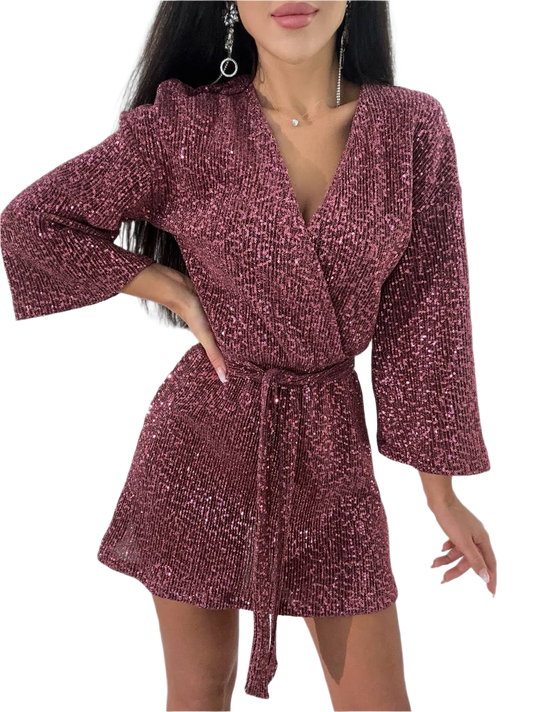 Women's Sparkling Sequin Short Dress Stretch Crimped Fabric