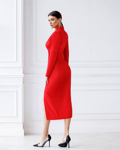 Woman wearing a red dress against a white background