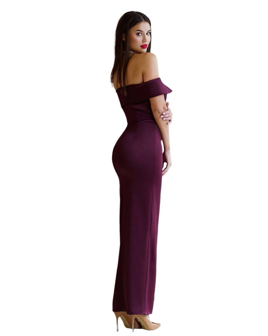 Woman wearing a purple off-shoulder gown on a white background