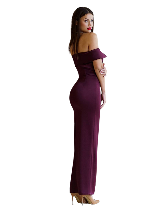 Woman wearing a purple off-shoulder gown on a white background