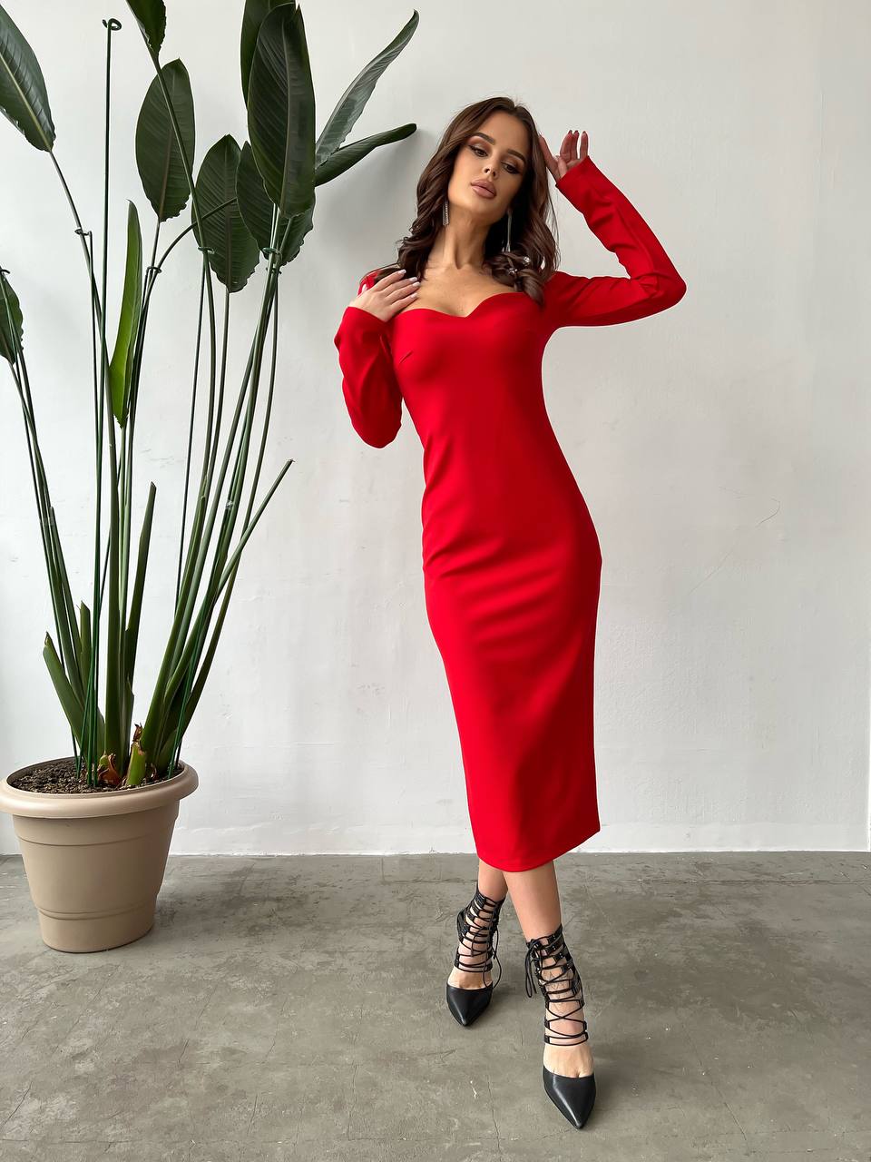 Red Long Sleeve Bodycon Midi Dress French Knitwear Alex Premium