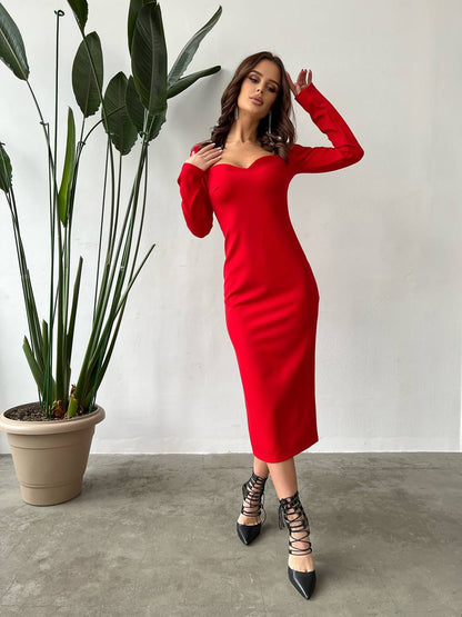 Red Long Sleeve Bodycon Midi Dress French Knitwear Alex Premium