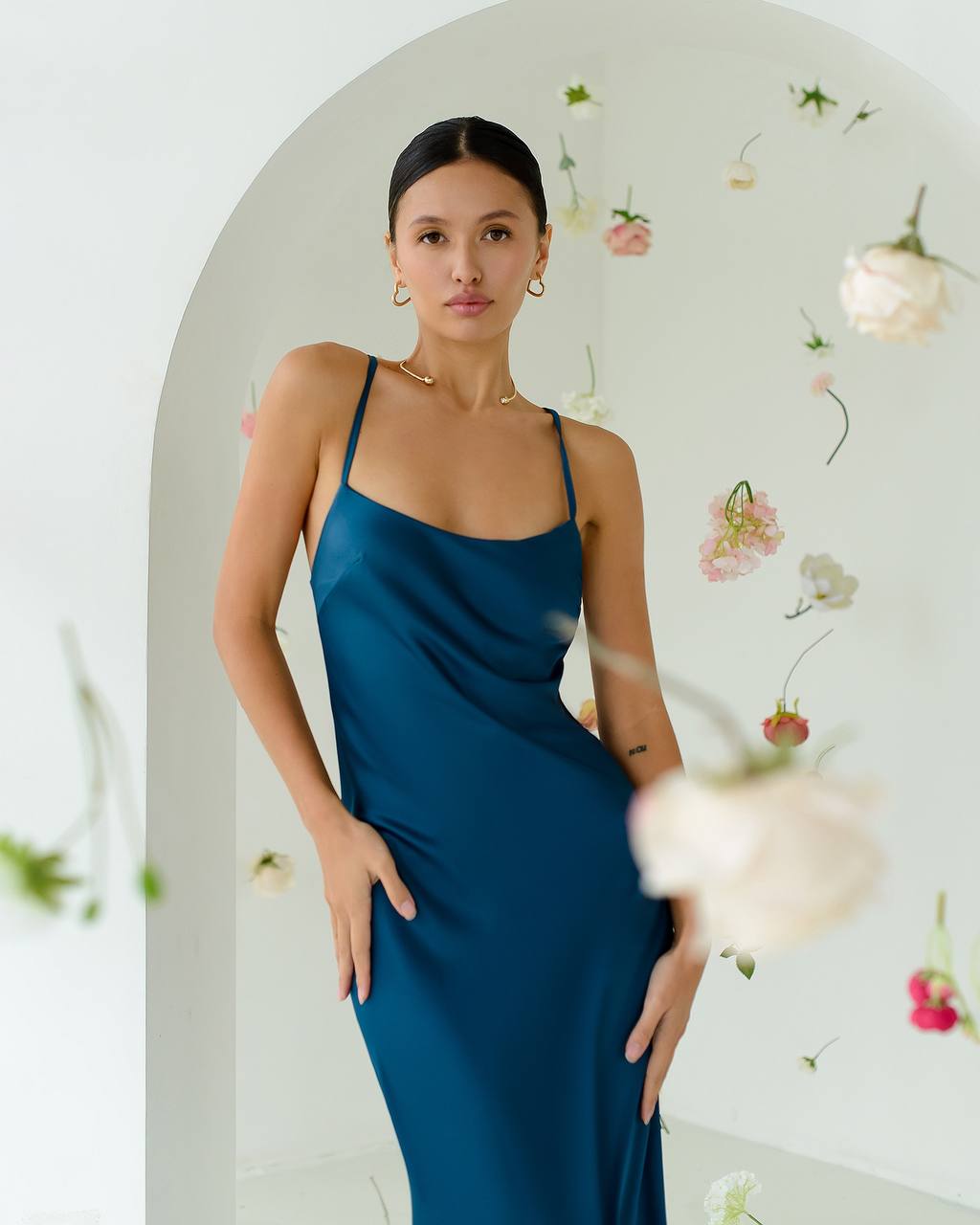 Long Satin Dress Slip for Women in Blue Premium Pandora Fabric