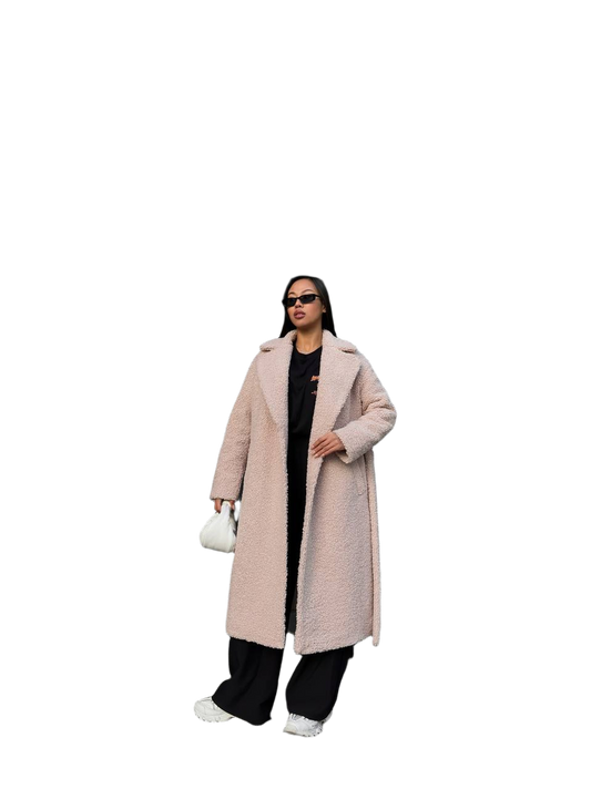 Winter Faux Fur Boucle Coat for Women with Belt Warm Insulated -15°C