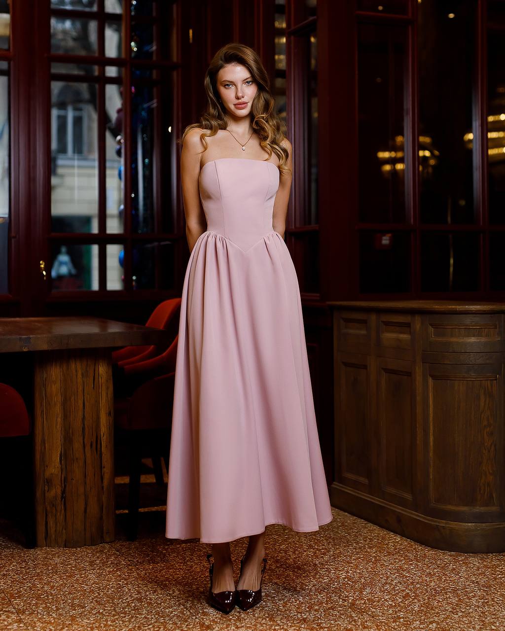 Strapless Midi Dress Women Premium Crepe Fabric Elegant Cocktail Dress