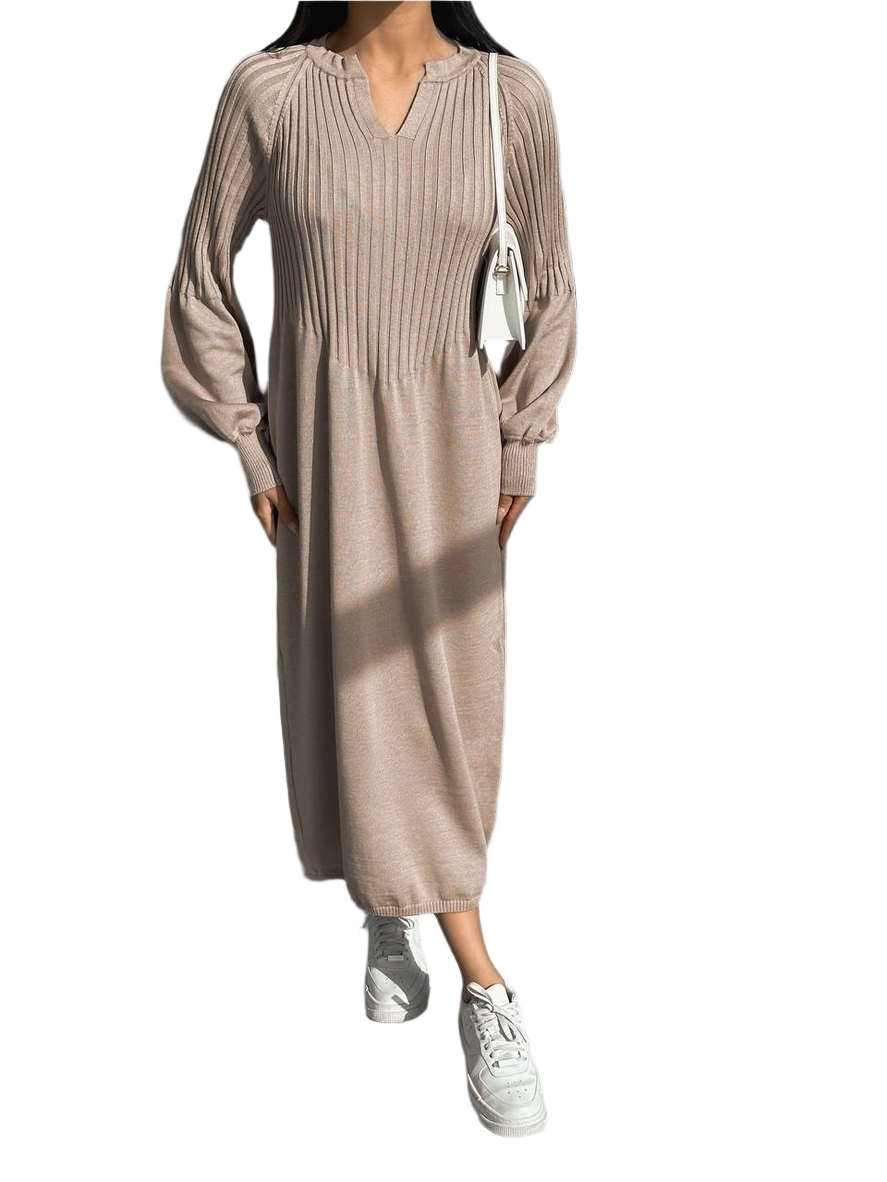 Latte Long Sleeve Ribbed Knit Midi Dress for Women