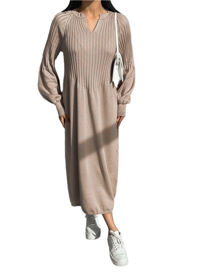 Latte Long Sleeve Ribbed Knit Midi Dress for Women