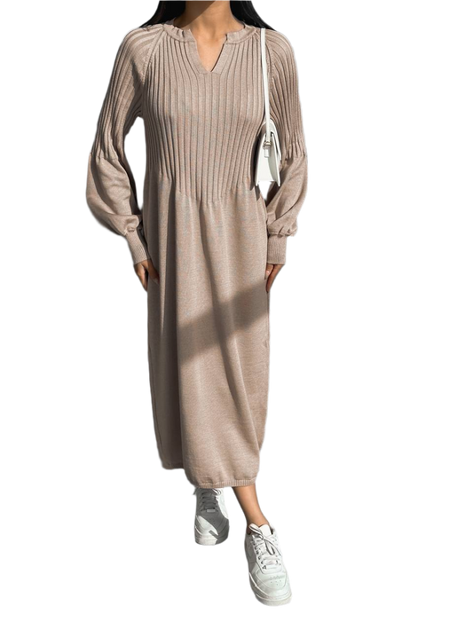Latte Long Sleeve Ribbed Knit Midi Dress for Women