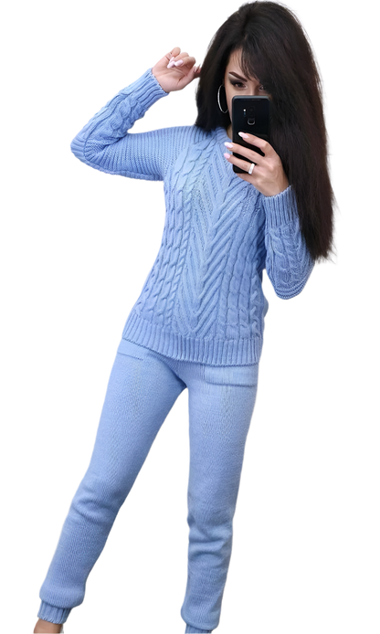 Womens Warm Blue Knitted Wool Acrylic Suit
